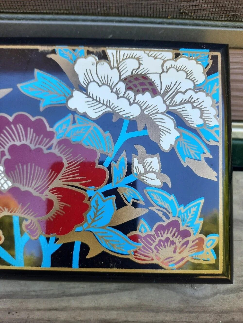 Vintage Asian Black Hard Plastic Peony Painted Lined Mirror Jewelry Box Small
